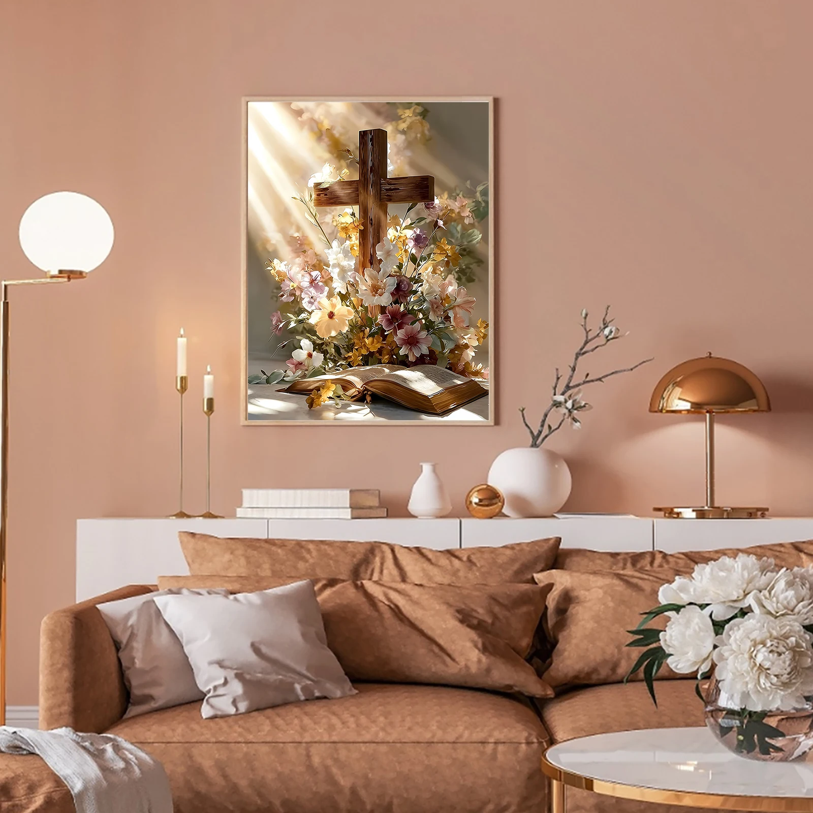 Flower Cross Full DIY 5D Round Drill Gem Art Diamond Painting Kits for Adults Home Wall Decor Art Diamond Painting 11.81x15.75in