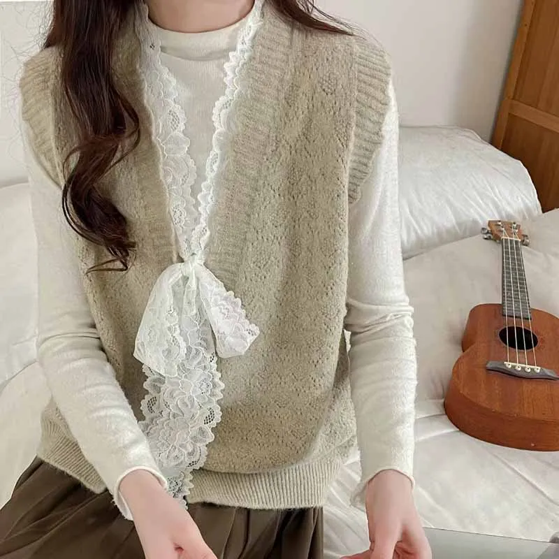 Sweet Lace Bow Sweater Waistcoat Women Casual Versatile Cardigan Sleeveless Knitted Vest Female Trendy Design V-Neck Knitwear