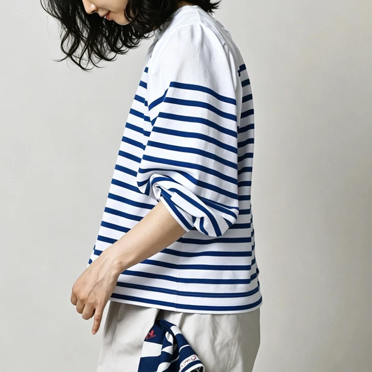 Chic Bubble Sleeve T-Shirt Women's Loose Fit Cotton round Neck Seven Quarter Sleeve Striped Casual Style New Summer Top