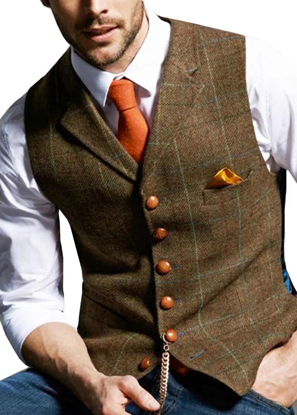 Mens Suit Vest Notched Plaid Wool Herringbone Tweed Waistcoat Casual Formal Business Groomman For Wedding