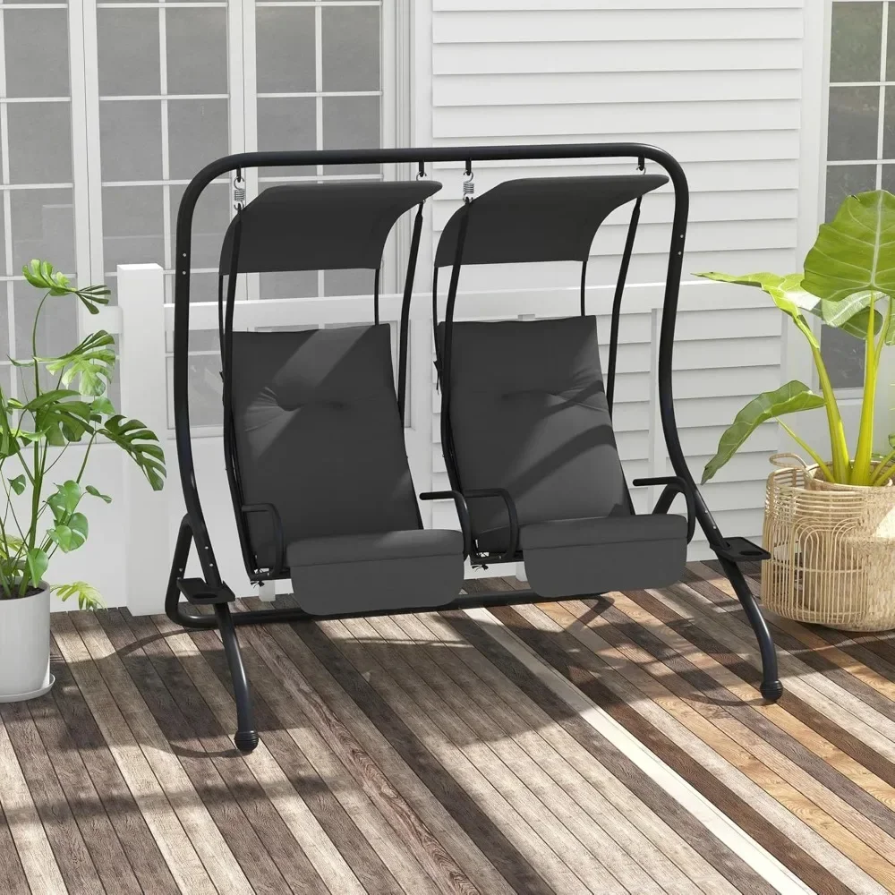 

Patio Swing Chair with 2 Separate Seats, Outdoor Swing Glider with Removable Canopy and Cup Holders, for Porch, Garden,Poolside