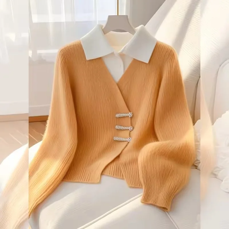 

2025 Autumn New Fake Two Jumper Sweaters Women Korean Fashion knitting Sweater Long Sleeve Pullover Casual Knit Sweater Female