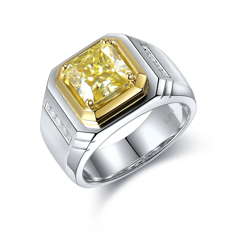 Mens Jewellery Rings 925 Sterling Silver 3.0 Carat Radiant-cut Yellow Moissanite Diamond Ring