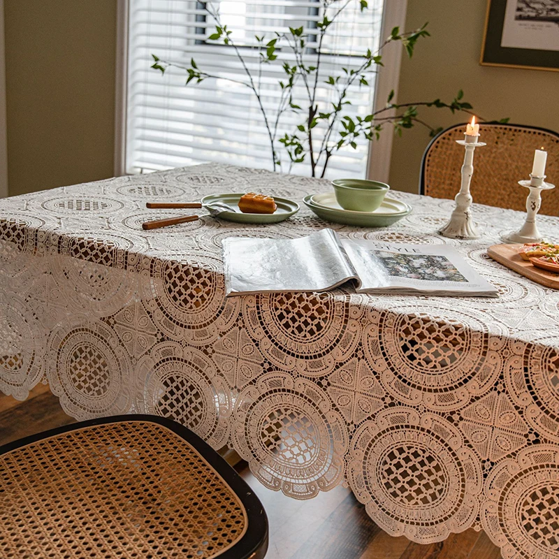 White Lace Tablecloth Oblong Vintage Embroidered Floral Table Cover for Farmhouse Kitchen Coffee Wedding Dining Table Decoration
