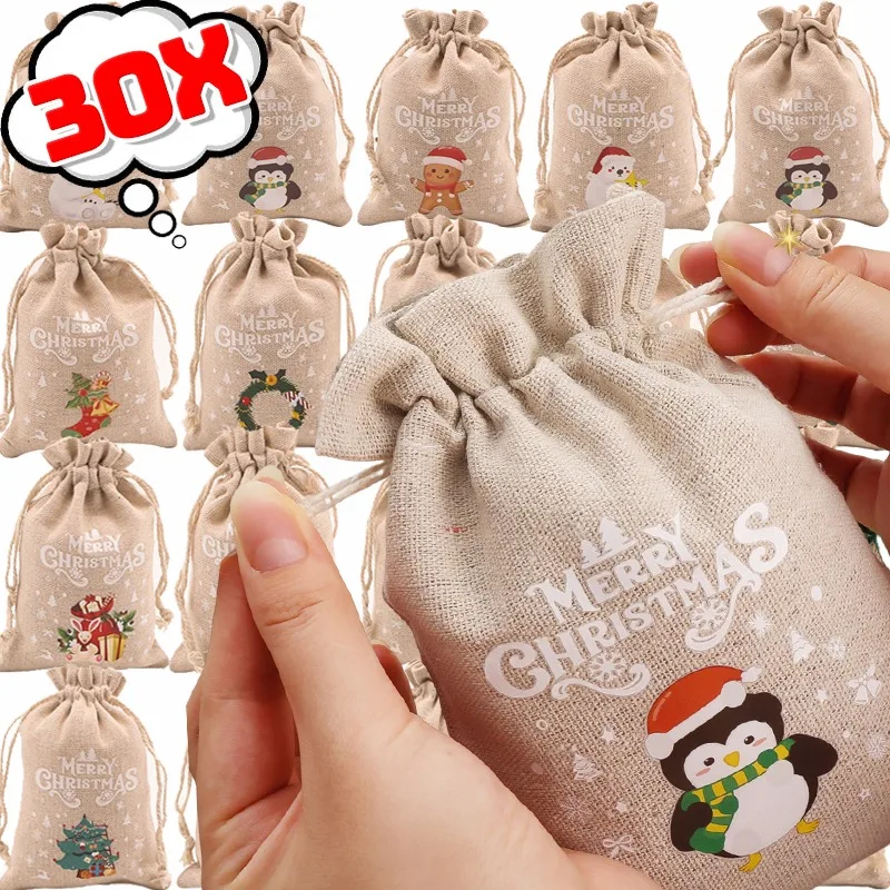 30/1PCS Christmas Drawstring Bag Linen Candy Gift Bag Xmas Tree Hanging Pouchs Biscuits Jewelry Home Kids Gift Packaging Sacks