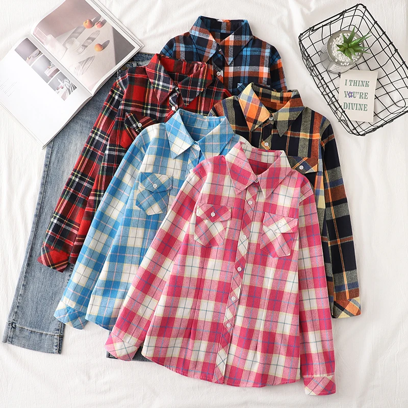 Cotton Flannel Plaid Shirts Women 2024 Autumn New Female Casual Slim Fit Long Sleeve  Blouses & Tops Ladies Checkered Clothes