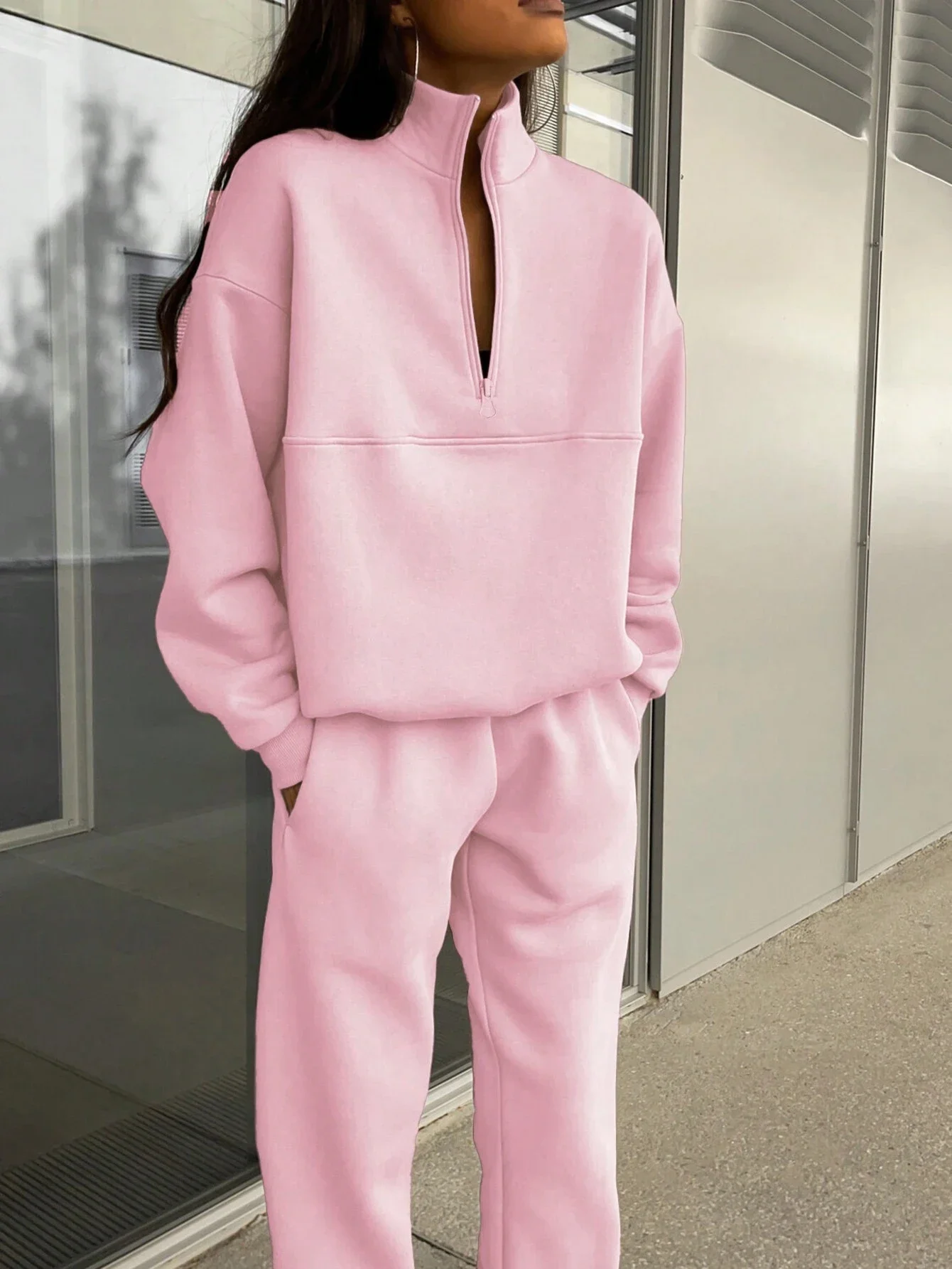 Casual two-piece zipper collar solid color autumn and winter fashion men's and women's cross-border street style long sleeves