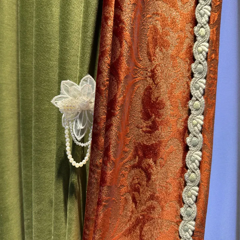 Custom noble Ancient French velvet bedroom green matcha advanced thick cloth valance blackout curtain tulle drape C2060