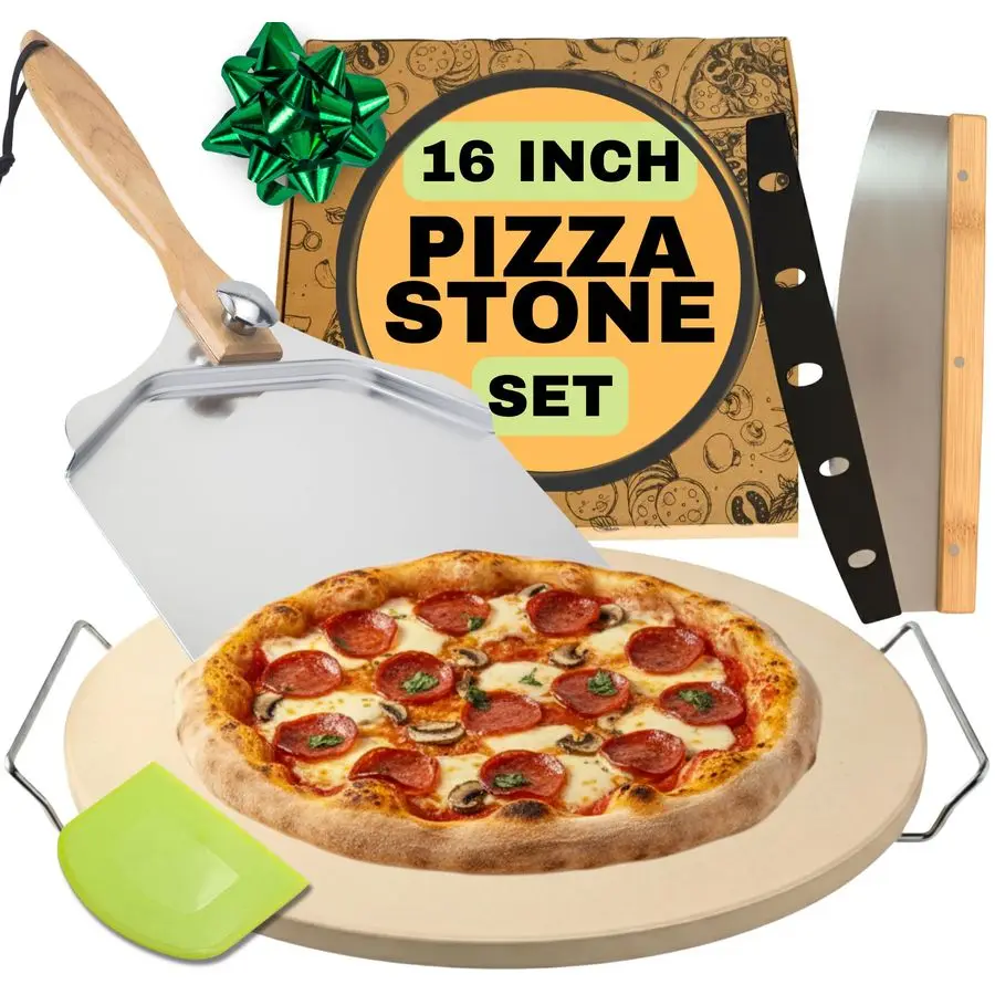 

Pizza Stone for Oven 16 inch Large Pizza Stone with Handles, Metal Pizza Peel, Pizza Cutter and Dough Tool Baking Stone for Oven