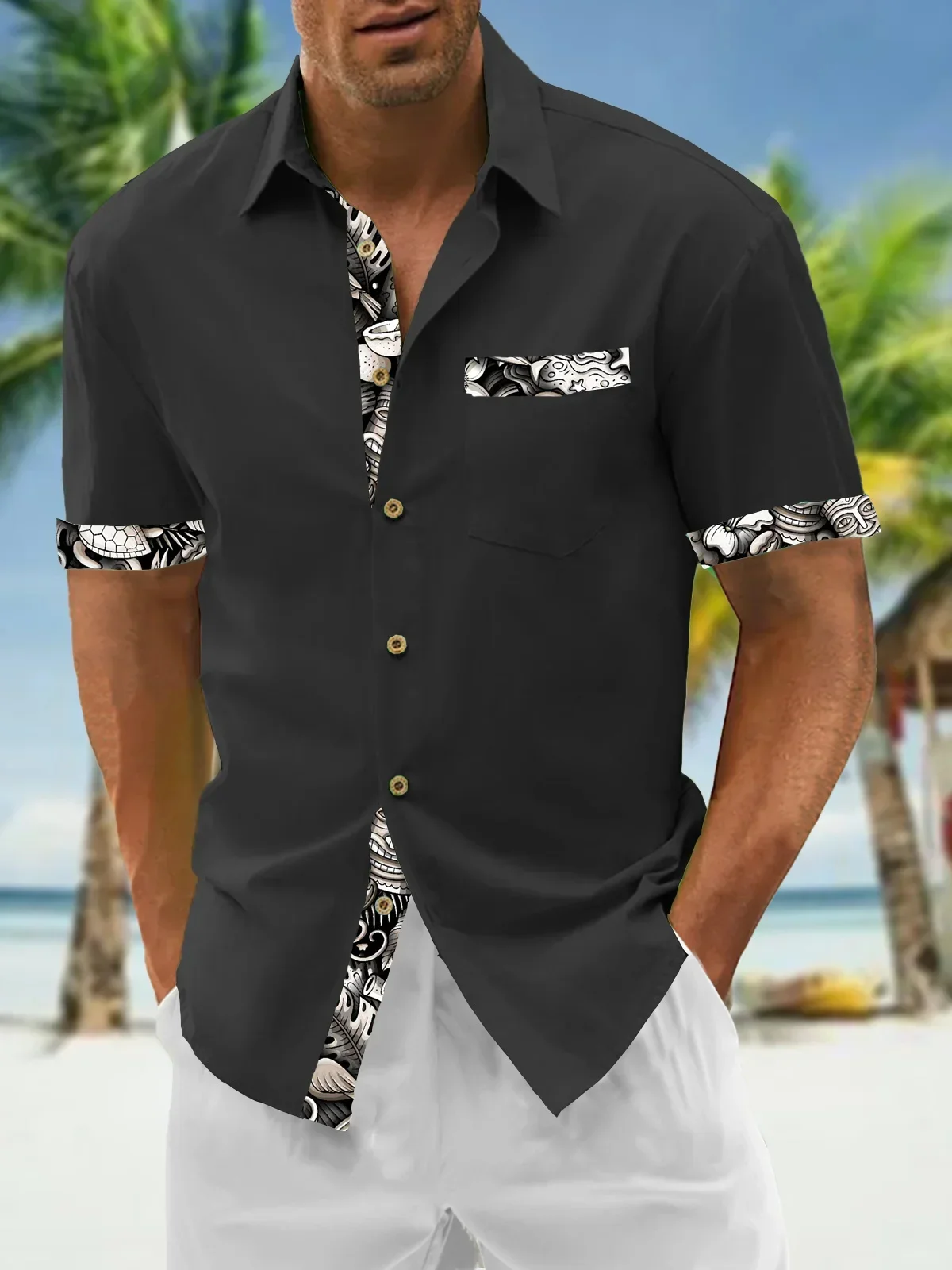 2024 neue Herren einfarbige Patchwork Tasche Flip Kragen Kurzarmhemd Mode Sommer lässig Tiki Serie Hawaii Shirt