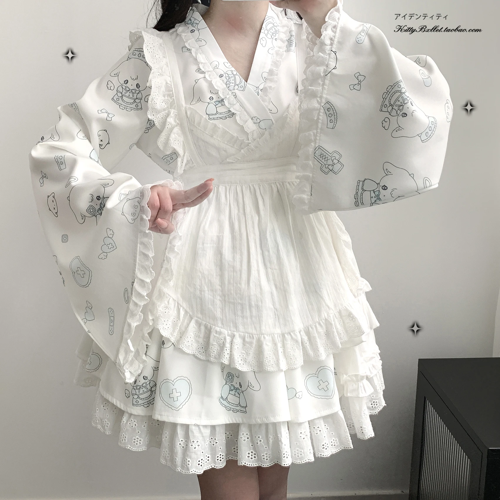 New 2024 Spring and Summer Female Girls Sweet Cute Lace Water Color Printed Kimono Top  Apron and Skirt 3 Piece Set Outfits