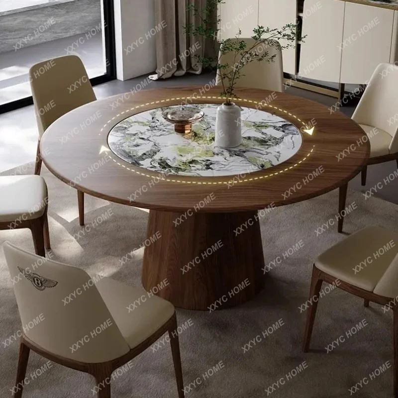 XXsolid wood round dining table minimalist retro high-end sense embedded cold jadeite natural luxury stone with turntable