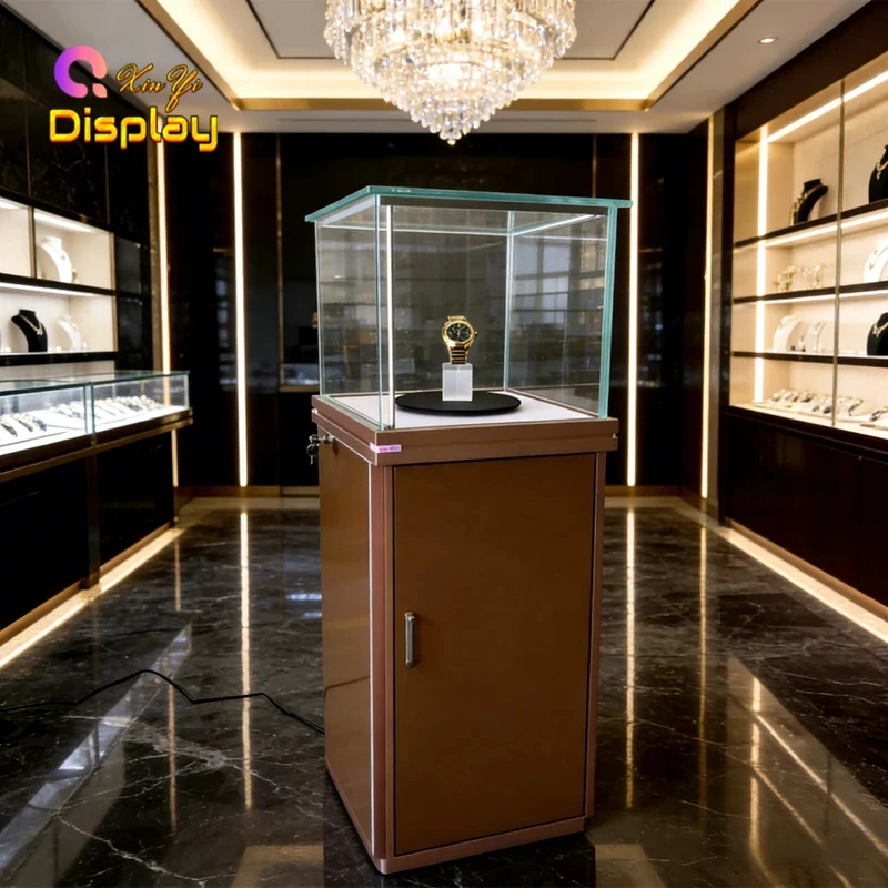 custom.Luxury Rotating Watch & Jewelry Showcase Cabinet Adjustable Turntable LED Lighting Design Customizable Size