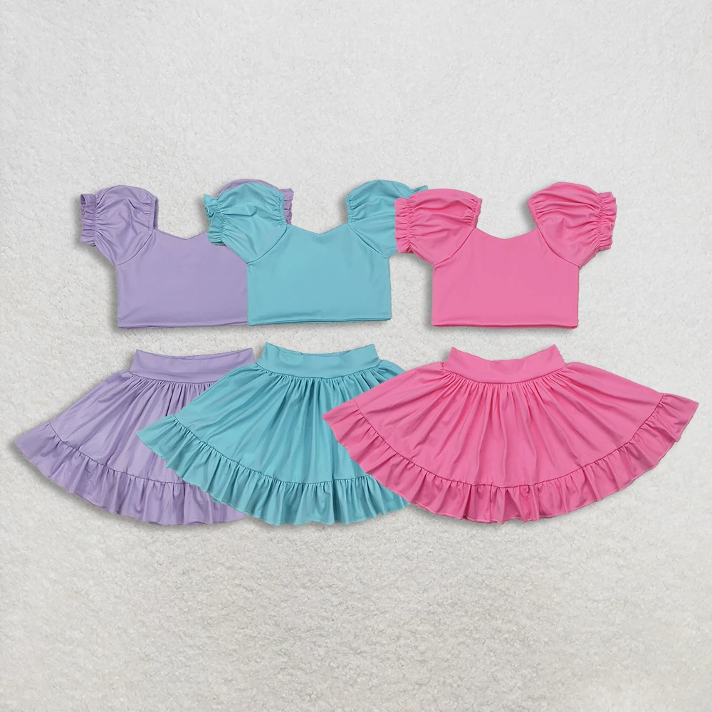 

Комплект для занятий спортом для девочек- Sibling, комплект для йоги, укороченный топ с короткими рукавами, юбка с рюшами, комбинированная удобная одежда для фитнеса, наряд для детей