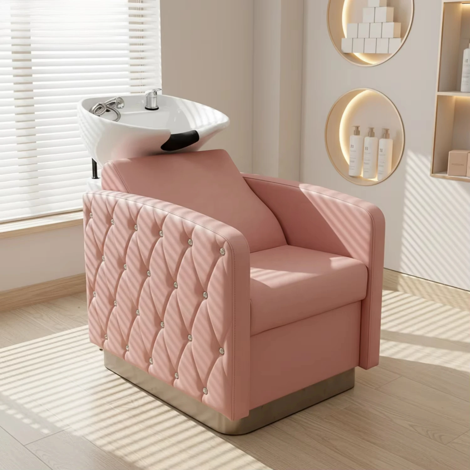 Modern Profession Pink Leather Hair Shampoo Chair Hair Salon Ceramic Basin Dark Waterproof Hair Salon Equipment Shampoo Bed