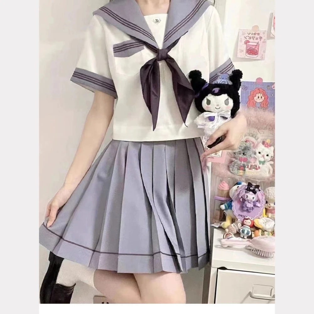 Grijze Paarse Drie-Lijnen Basic Jk Japanse Middelbare School Student Uniform Meisje Pak Geplooide Rok Cartoon Matroos Fuku Kostuums Vrouwen