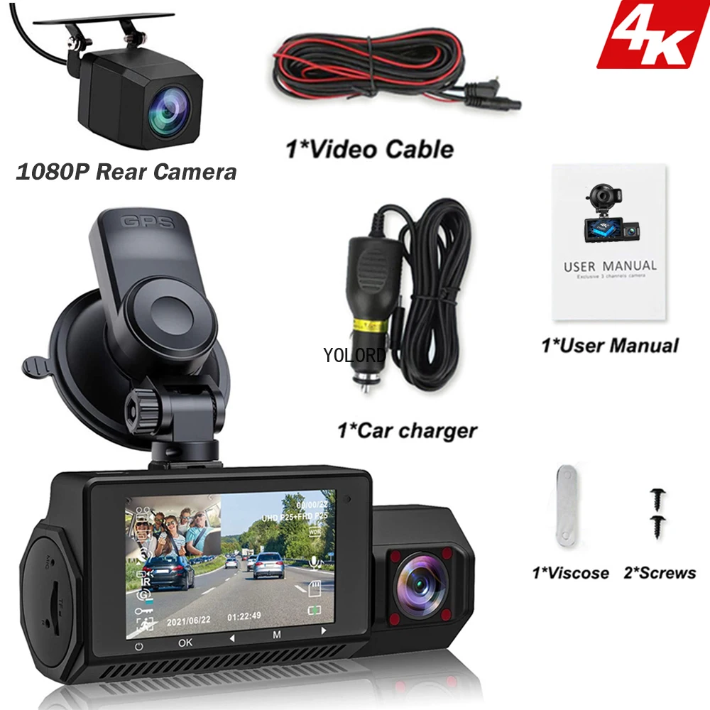 3 Channel Dash Cam 4K Camera for Car Dashcam GPS Wifi 24h Parking Monitor Night Vision Dvr Front and Rear Three Dvrs