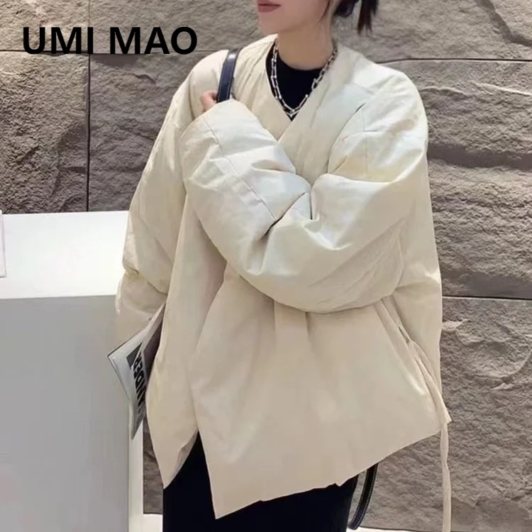 UMI MAO Korean Short White Down Jacket Women\'s 2023 Autumn Winter New Duck Down Lace Up Design Feeling Bread Coat