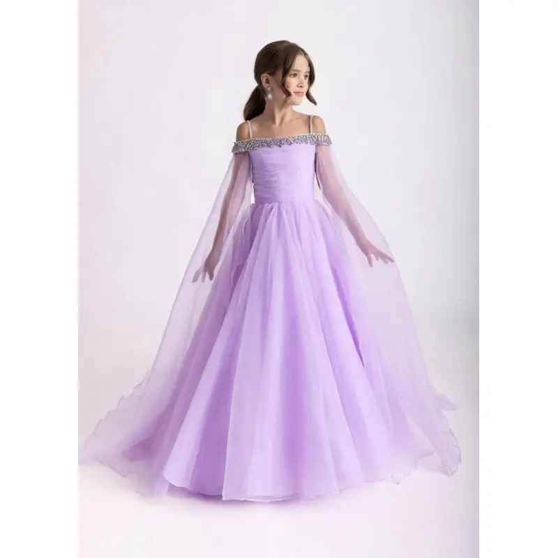 Cswdocy Off Shoulder Sheer Sleeve Kids Pageant Dress Flowy Tulle Train Flower Girl Dress Wedding Pageant Formal Special Event