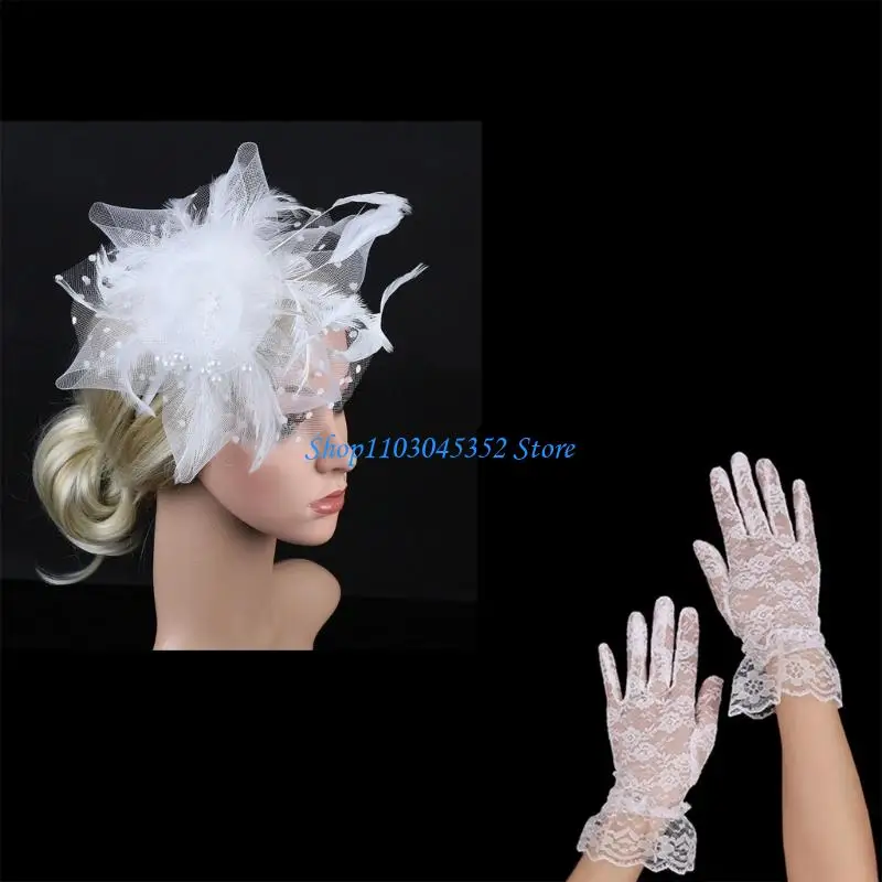 

Элегантные очаровательные и запястье кружевные перчатки установили для вечеринки свадебные волосы с кружевными перчатками и из