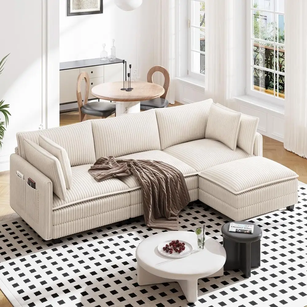 

Угловой диван L-образной формы 109, удобная обивка из вельвета, 3-местный диван для гостиной с оттоманкой, глубокое сиденье, бежевый цвет