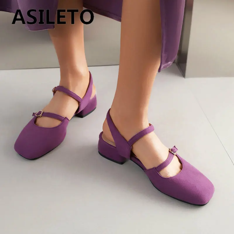 

ASILETO Women Sandals Square Toe Flock Double Straps Block Heels 3.5cm Concise Casual Daily Female Shoes Big Size 40 41 42 43