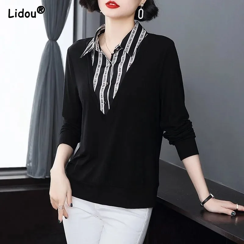 

Women's Clothing Three Quarter Patchwork Spring Autumn Turn-down Collar Office Lady Chiffon Korean Elegant Dignified T-Shirts