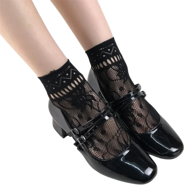 Women\'s Black Fishnet Ankle Socks Retro Floral Dress Hollow Out Nylon Elastic In Patterned Short Socks