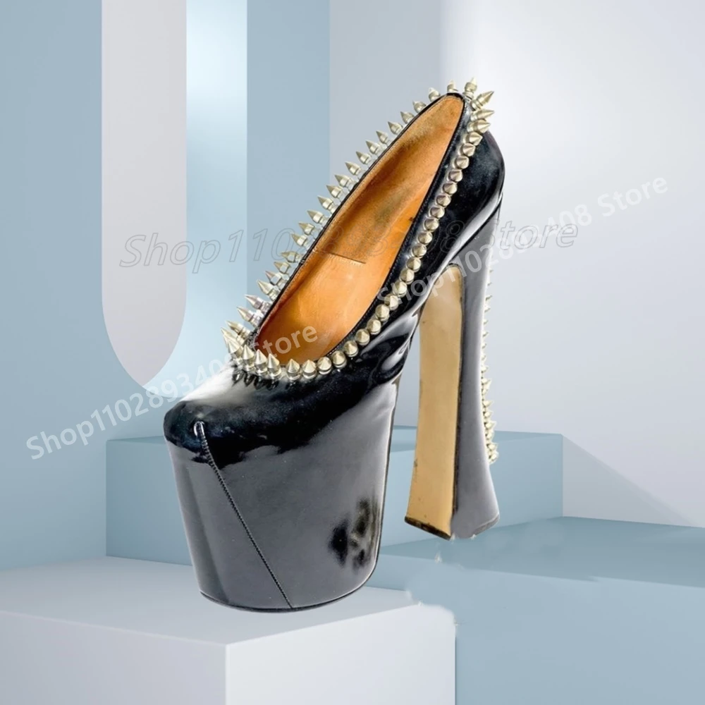 Metal Round Rivets Design Elegant Shallow Pumps Chunky High Heel Shiny Fashion Sexy Women Shoes 2025 Spring Zapatos Para Mujere
