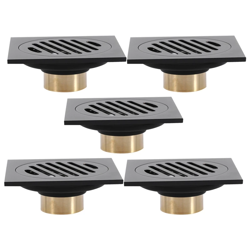 5Pcs 4 Inch Square Shower Drain With Removable Cover Grate, Brass Anti Clogging Matte Black