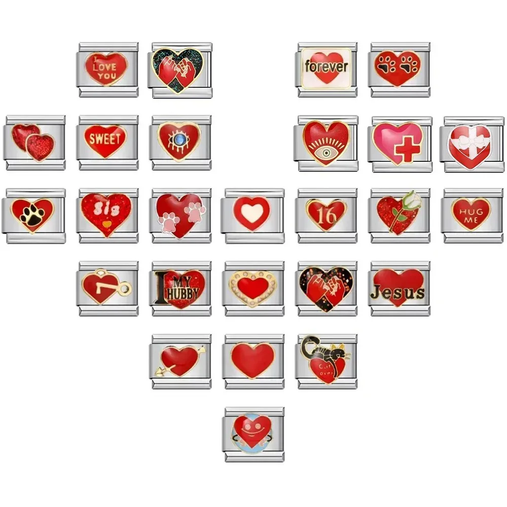 

Romantic Red Love Heart Letter Italian Charm Link Fit 9mm Stainless Steel Bracelet For Woman Man Jewelry DIY Making Beads