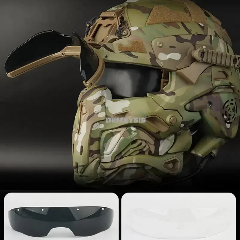 Casco da tiro con maschera Protezione completa Caschi da combattimento tattici Airsoft Cuffie integrate Protezione per la testa CS da tiro