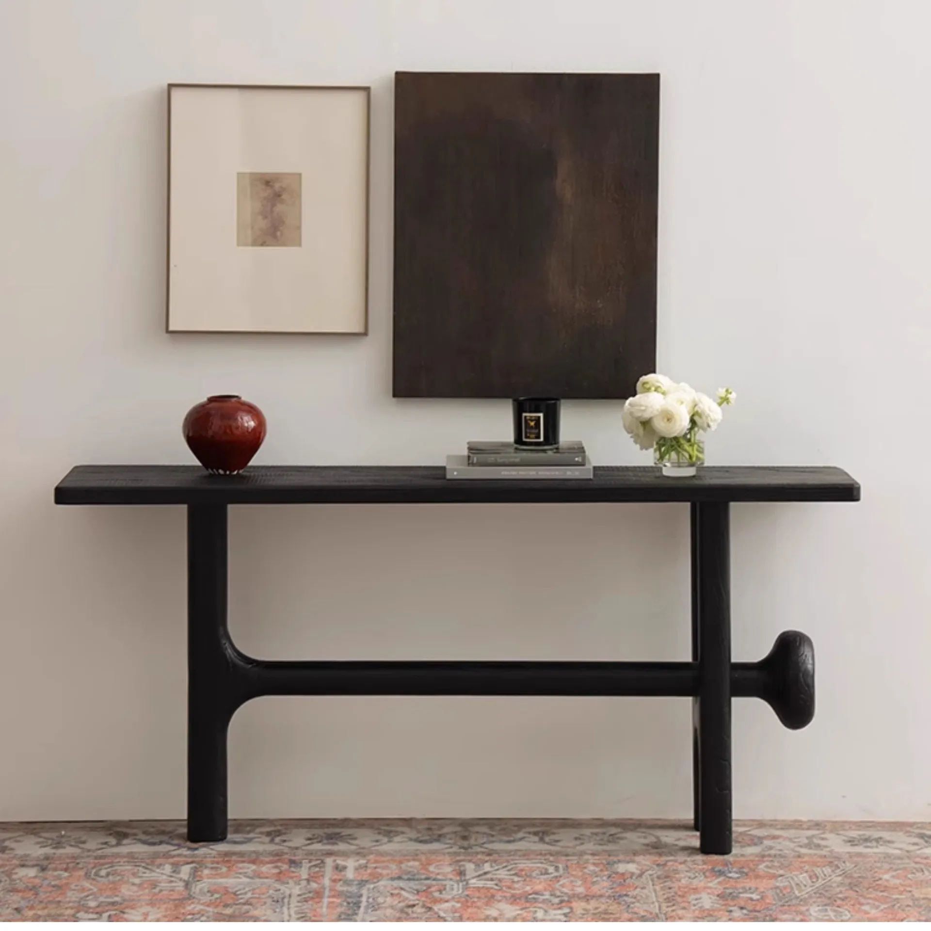 Yjq black solid wood entrance table wabi sandy wind B & B hotel corridor display table decorated against the wall