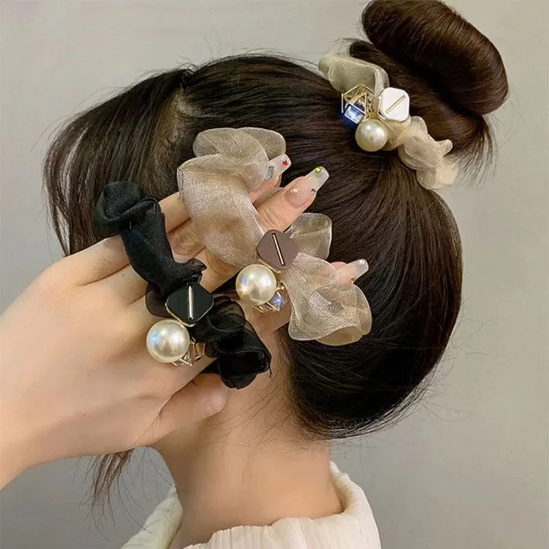 3pcs Chiffon pearl large scrunchie women\'s hair tie rubber band temperament head string high-grade sense ball fascinator