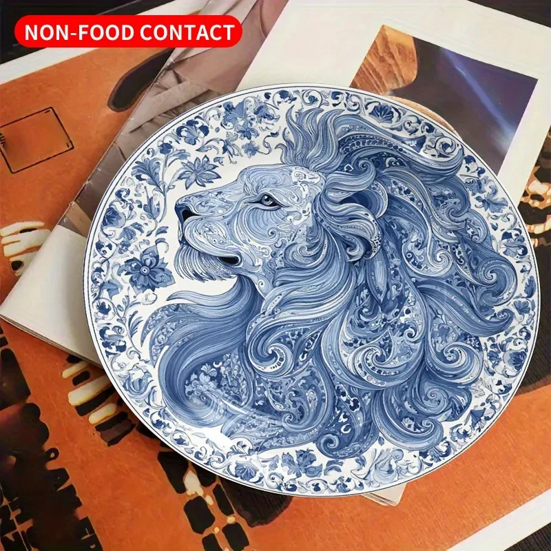 A Vintage Blue And White Floral Lion Face Ceramic Plate - an Elegant Wall Decoration Or Jewelry Display Tray, Non-Food Contact