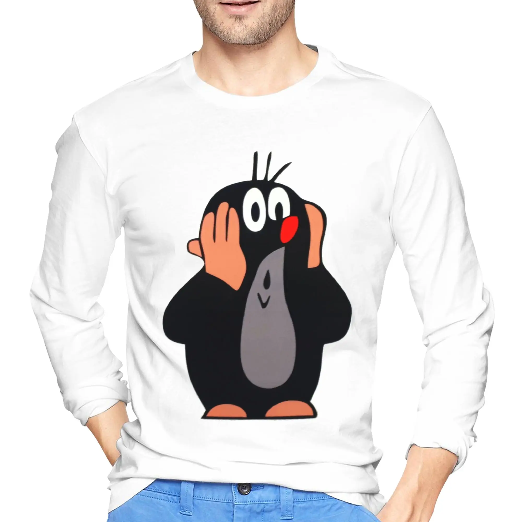 

Cute Happy Mole Krtek Men's Long Sleeved T-shirt Casual Round Neck T shirts Spring and Autumn Men tops