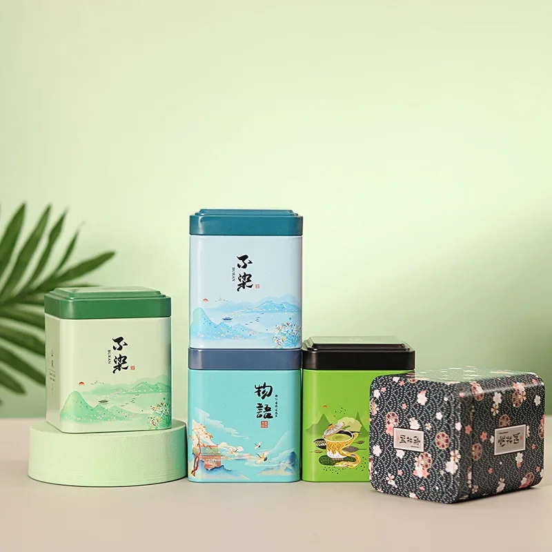 

Mini Tin Storage Box Sealed Tea Caddy Small Square Coffee Jar Tea Leaves Container Cans Small Tinplate Spices Storage Boxes