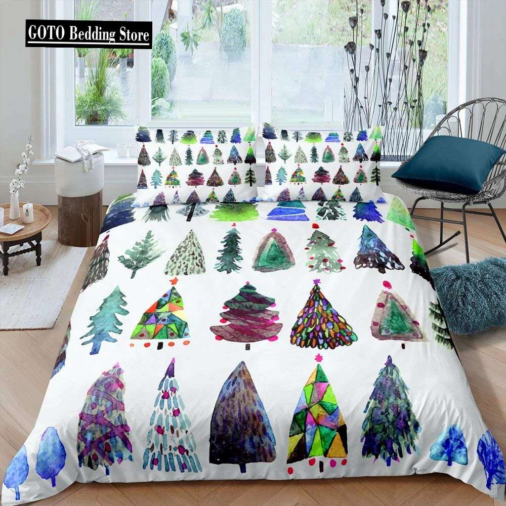 Merry Christmas Comforter Cover Queen King Size Christmas Tree Duvet Cover Pine Tree Bedding Set Xmas Ornament Duvet Cover Set