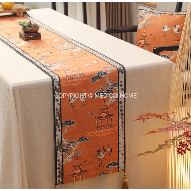 Medicci Home Luxury Royal Orange Decorative Table Runner With Tassels Chinoiserie Pavilions Landscape Retro Table Cloth Bed Flag
