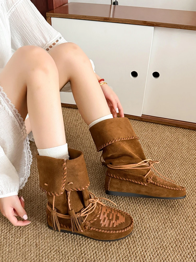 

Retro Tassel Western Boots Knot Design ort High Top Flip Flop Slimming Effect Inner Heightening Summer New Sle 2025