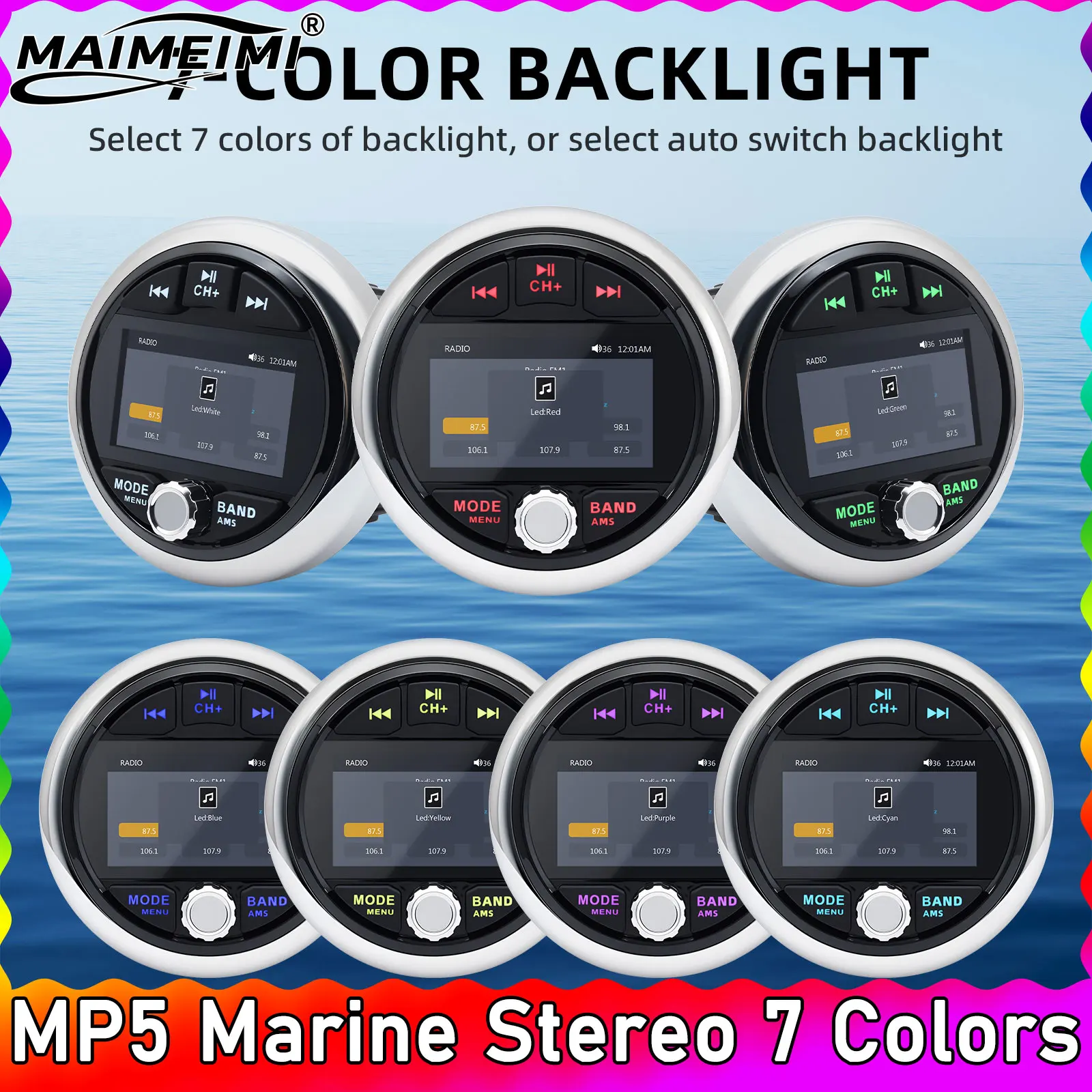 

MP5 Marine Stereo 7 Colors Waterproof IPX5 Boat Radio Player Bluetooth-compatible FM AM RDS Audio For Yacht Gauge ATV UTV Cart