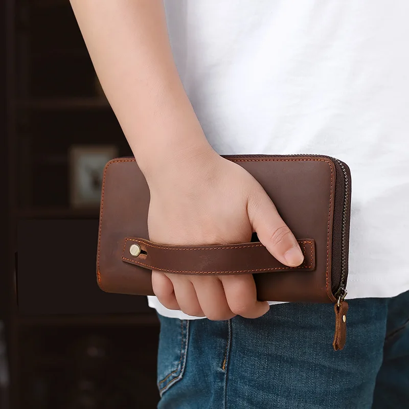 Men's long leather zipper business cowhide wallet for holding youth mobile phone storage