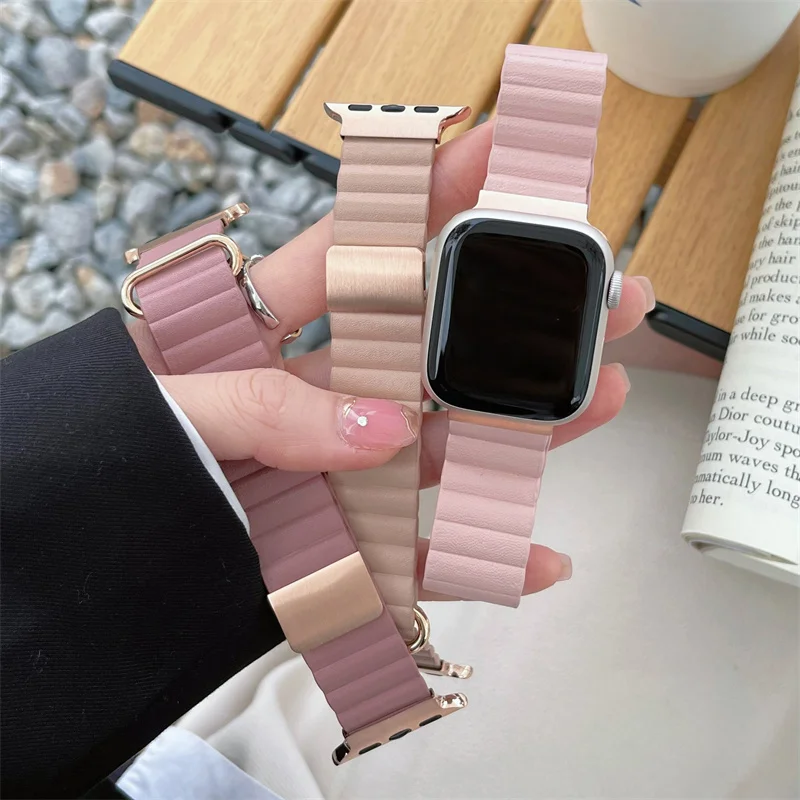 Pulseira de couro rosa para iWatch Series, Ultra 8, 7, SE, 6, 5, 4, 41mm, 45mm, pulseira Correa luxo para Apple Watch, 38mm, 42mm, 44mm, 40mm, Novo