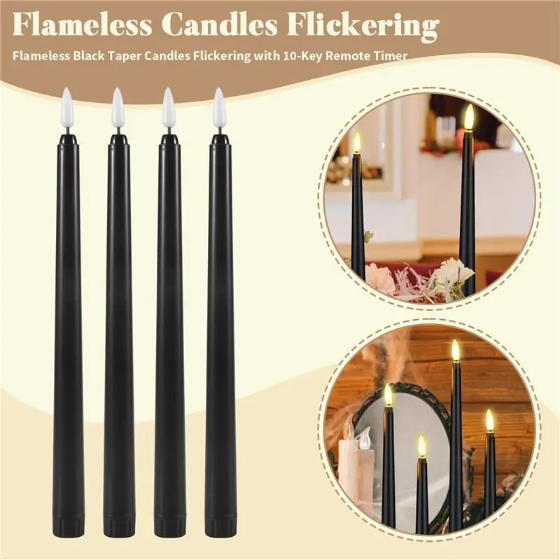 6Pcs Flameless Black Taper Candles Flickering With 10-Key Remote Timer, Battery Operated LED Candlesticks Window Candles-A21R