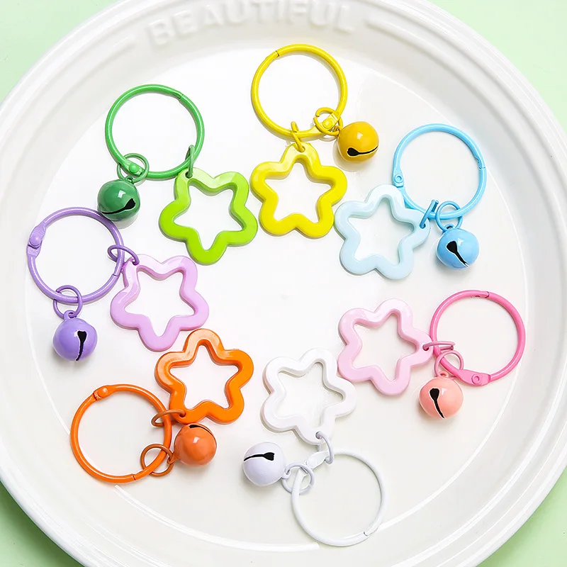 

5/10pcs Metal Keyrings With Open Ring Buckle Star Bells Pendant Colored Keychain For Diy Jewelry Making Key Ring Accessories