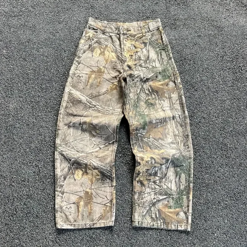 2024 Jeans trend ige Retro-Mode Street Camouflage Leaf Print Hip-Hop Wide-Leg Paar Mid-Line Spleiß jeans für Street Wear