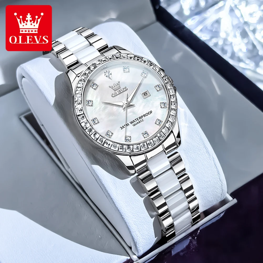 OLEVS Luxury Brand Quartz Watch Women Fashion Rhinestone Bezel Ceramic Strap Womens Dress Watch Waterproof Elegant Ladies Watch