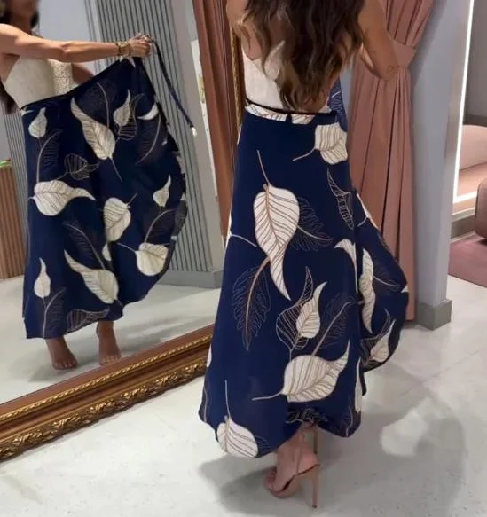 Skirt for Women 2026 New Spring Fashion Leaves Print High Waist Wrap Lace-Up Skirt Casual Asymmetrical Hem Long Skirt