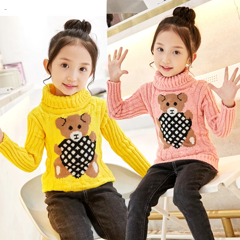 

Girls Sweater Cartoon Bear Winter Thick Knitted Bottoming Turtleneck Wolf Clothes For Girls Solid High Collar Pullover Clothing