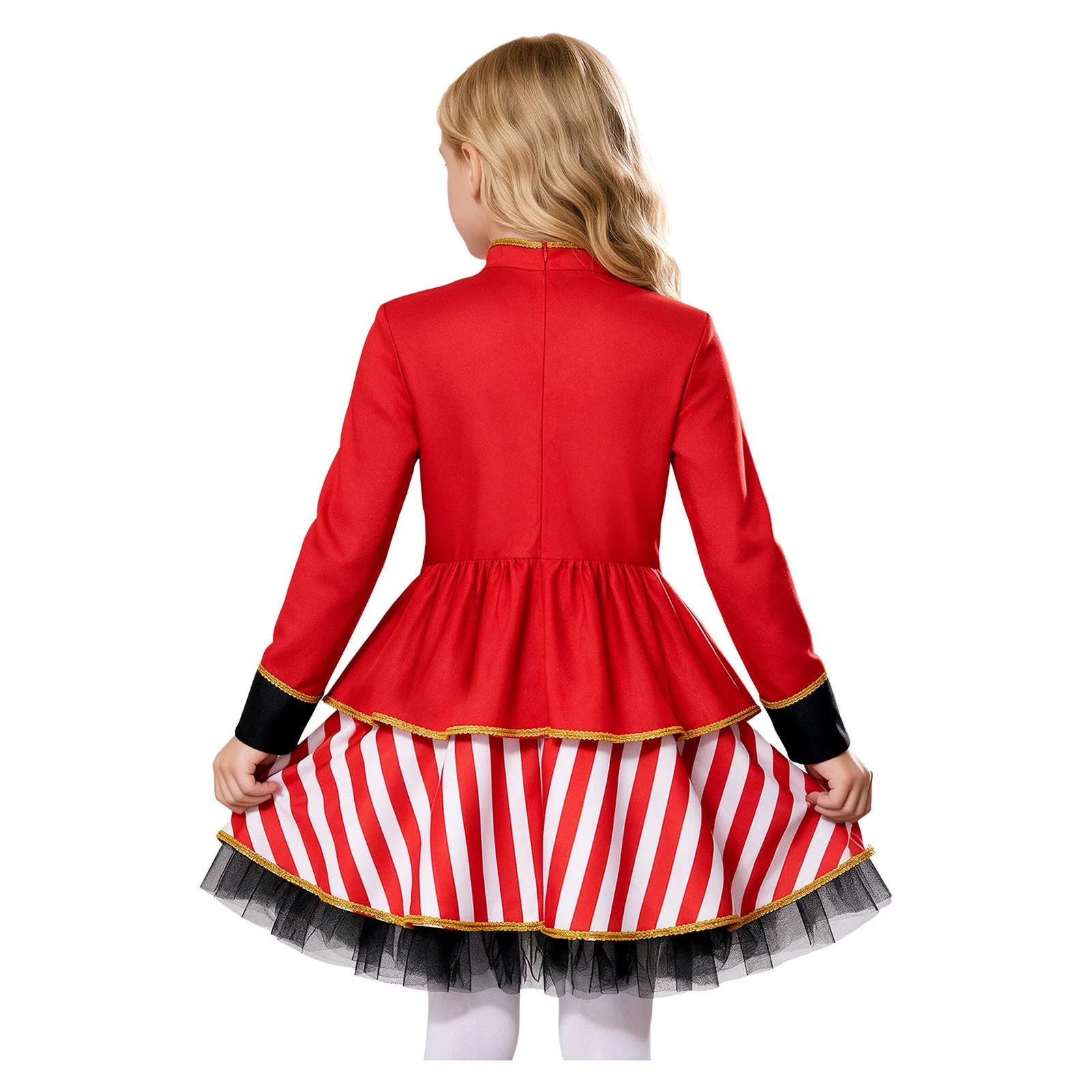 Dance Circus Ringmaster Costume Shiny Sequins Long Sleeve Tassel Epaulet Tulle Dress for Halloween Carnival Party Fancy Dress Up